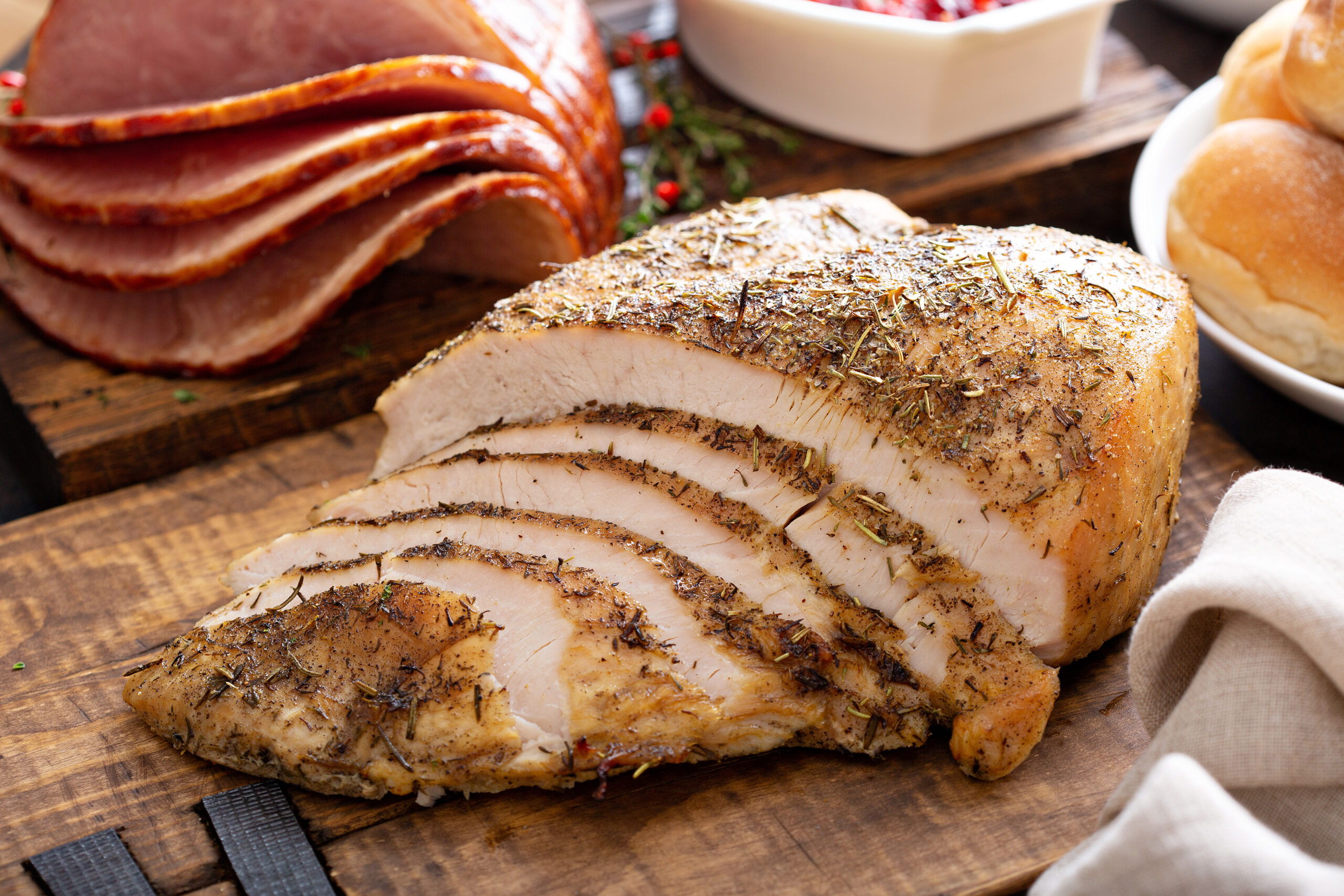 Image of sliced ham and turkey